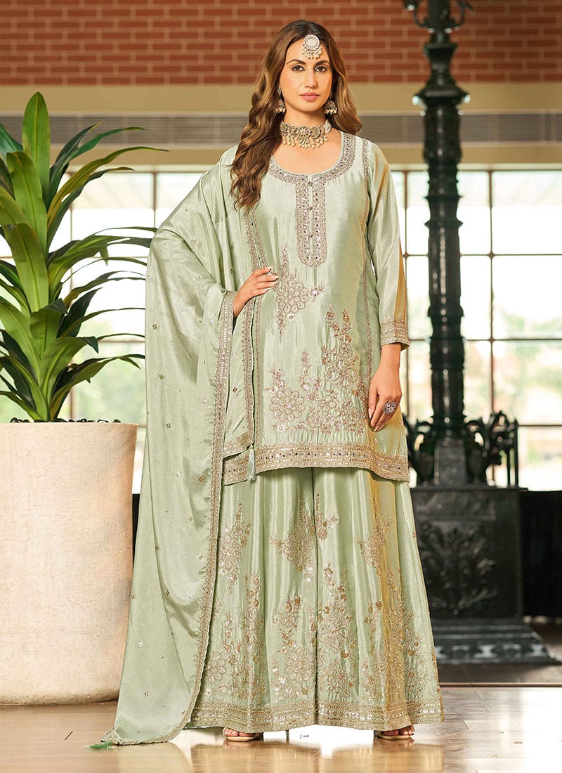 Pista Green Chinon Silk Stones Mirror Work And Sequins Embroidered Palazzo Suit