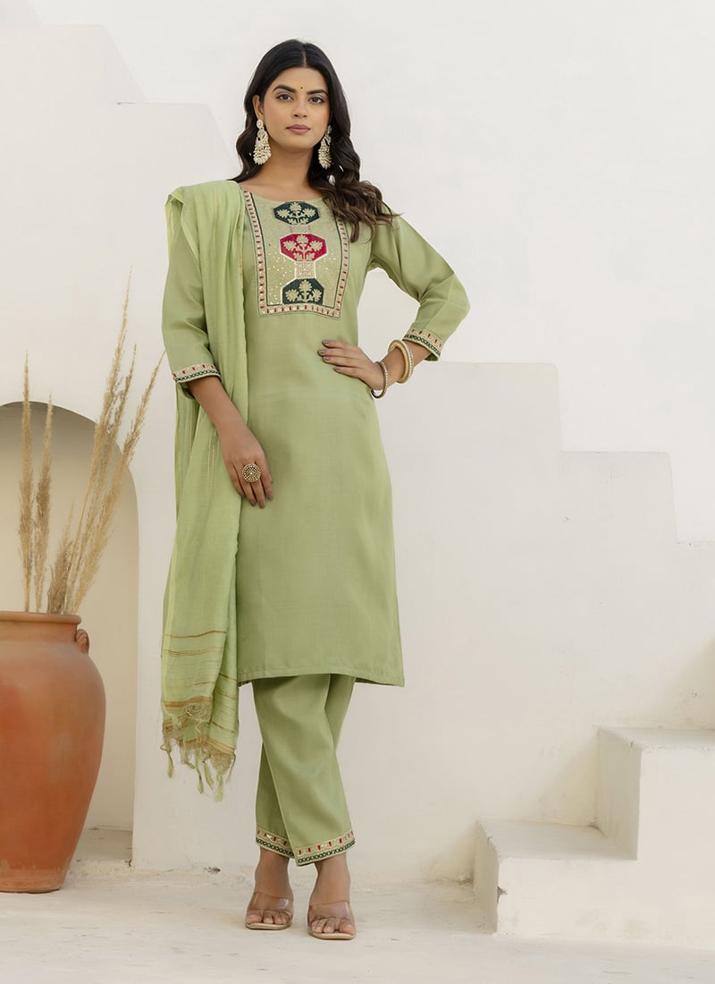 Pista Green Cotton Blend Straight Pant Suit With Embroidery