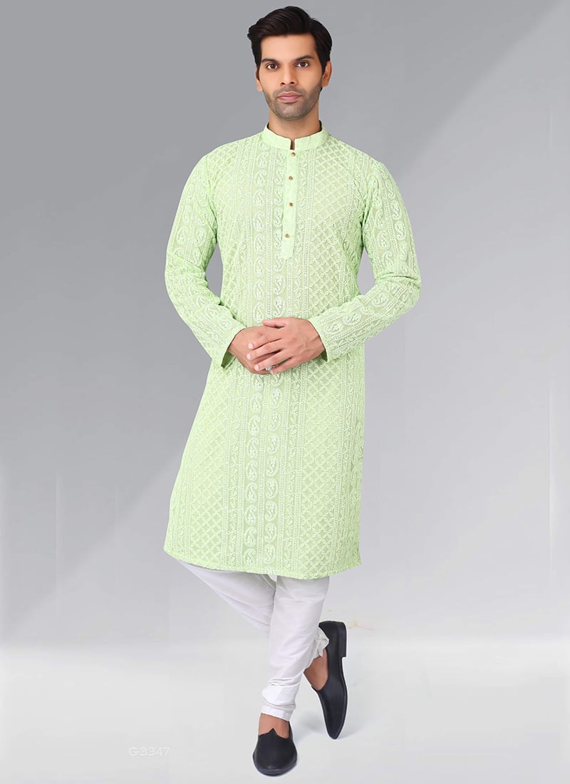 Pista Green Cotton Chikankari Embroidered Kurta Pyjama Party Wear