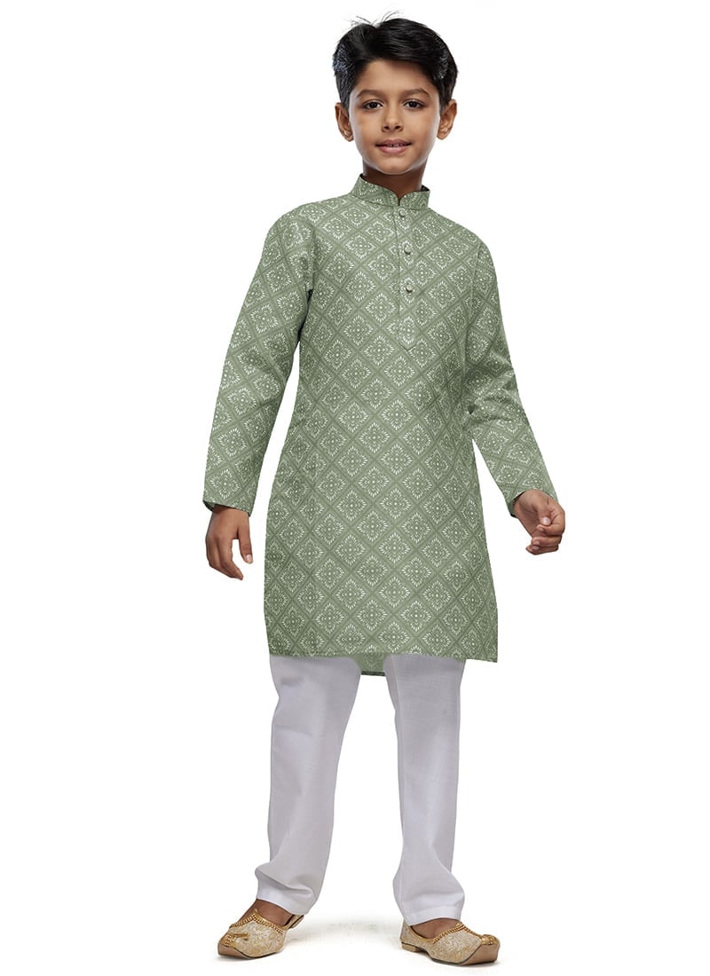 Pista Green Cotton Digital Print Classic Kids Kurta Pyjama For Young Boys Festive Wear