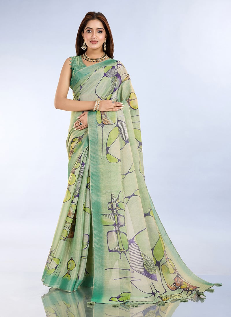 Pista Green Cotton Digital Print Saree After Six Wear