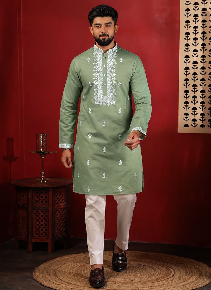 Pista Green Cotton Embroidered Kurta Pyjama For Men Festive Wear