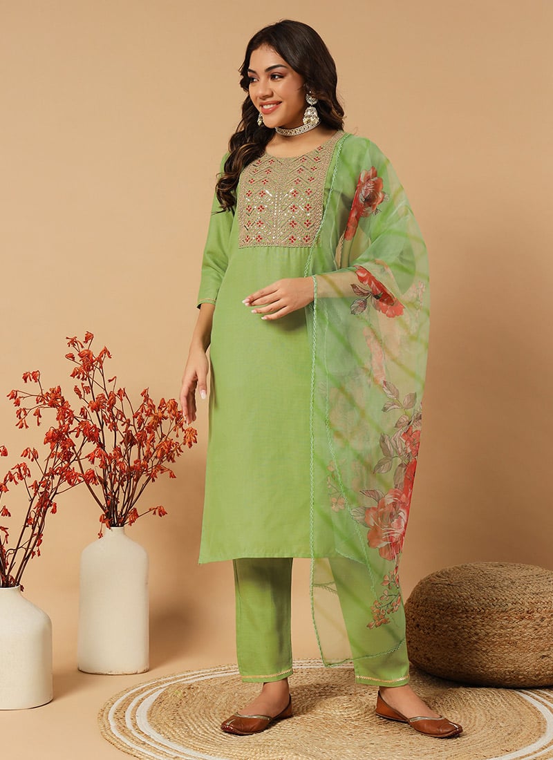 Pista Green Cotton Embroidered Sequins Straight Pant Suit With Digital Print Dupatta After Six Wear