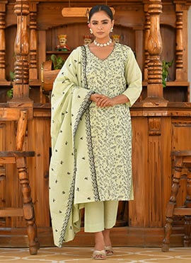 Pista Green Cotton Floral Printed Embroidered Straight Pant Suit