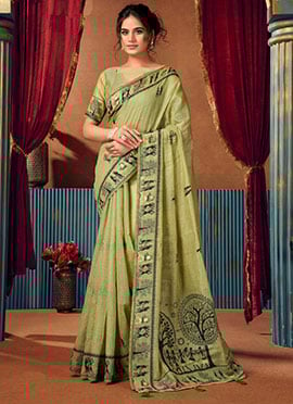 Pista Green Cotton Foil Print Saree