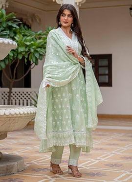 Pista Green Cotton Lucknowi Chikankari Anarkali Suit