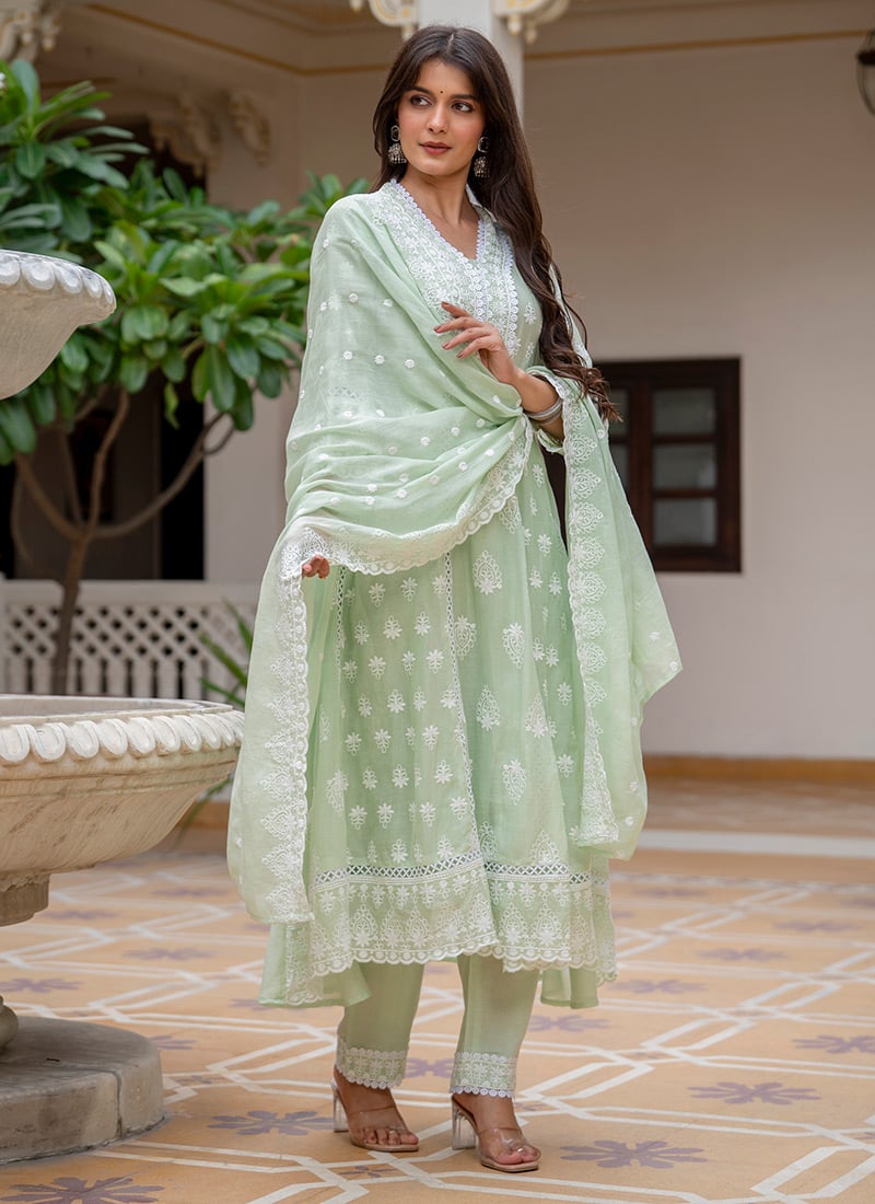 Pista Green Cotton Lucknowi Chikankari Anarkali Suit After Six Wear