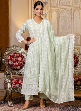 Pista Green Cotton Lucknowi Chikankari Embroidered Anarkali Suit