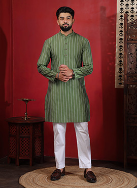 Pista Green Cotton Printed Kurta Pyjama For Men