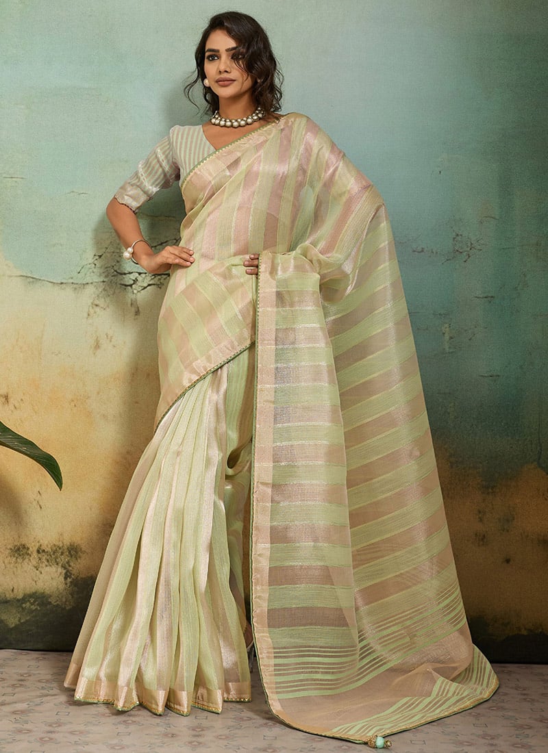 Pista Green Cotton Silk Blend Zari Woven Saree Festive Wear