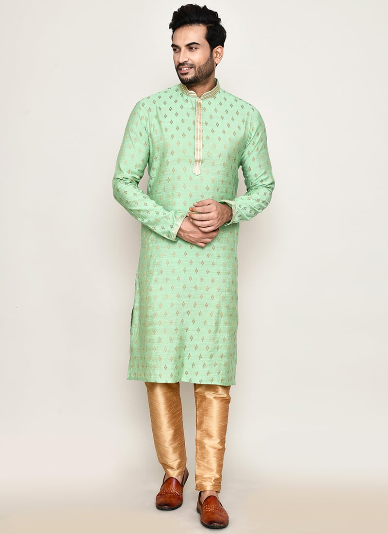 Pista Green Cotton Silk Jacquard Kurta Pyjama Festive Wear
