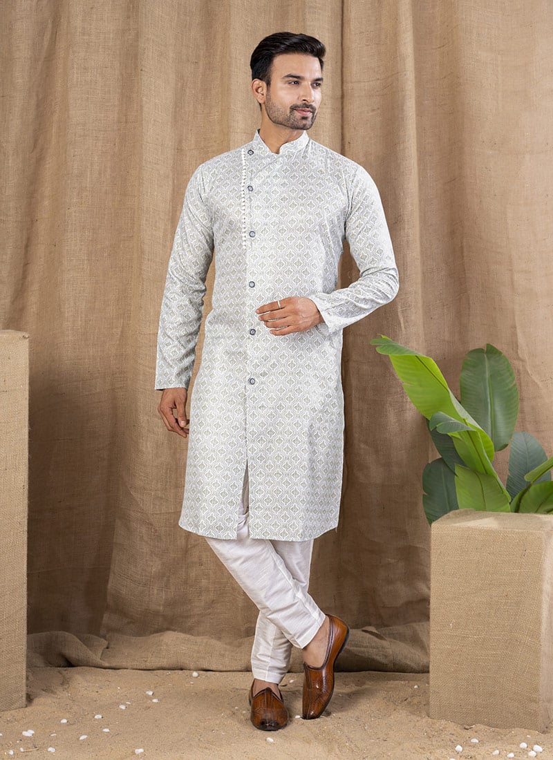 Pista Green Cotton Silk Printed Indowestern Sherwani