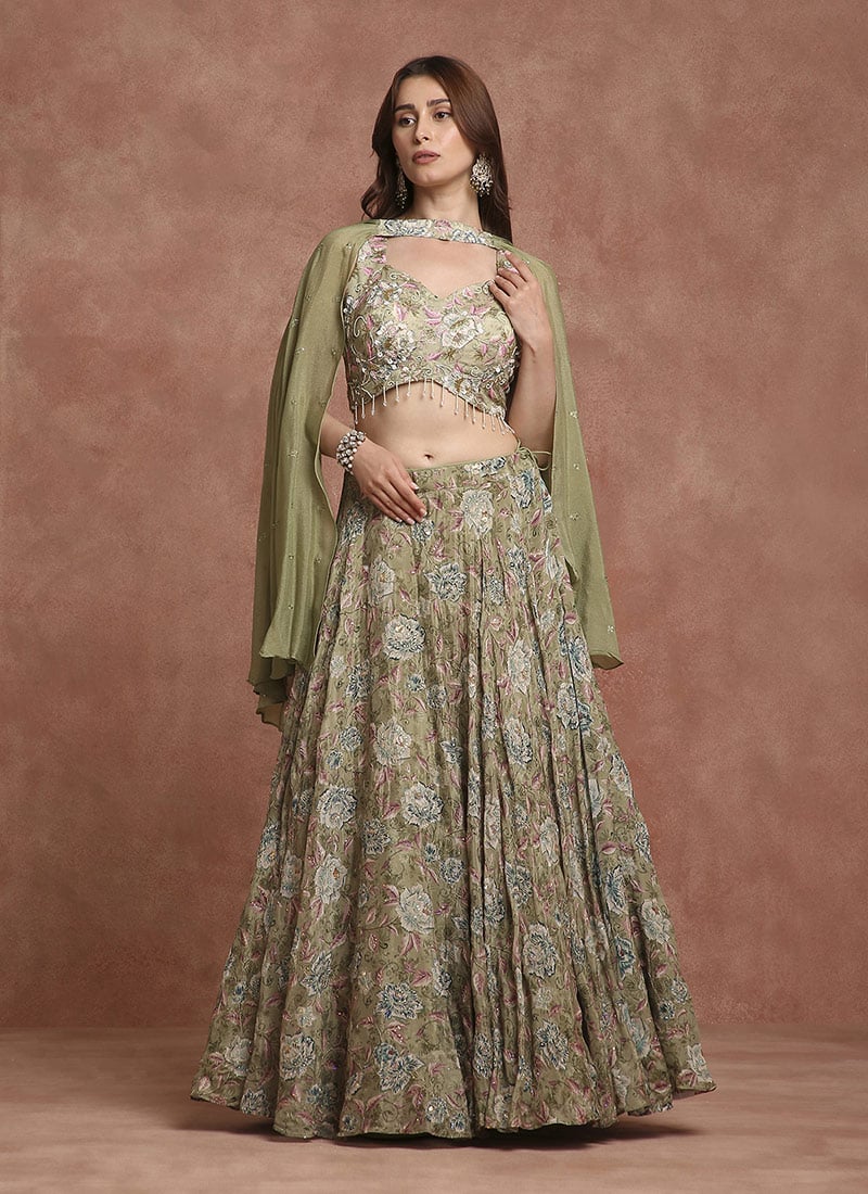 Pista Green Crepe Silk Digital Print And Beads Umbrella Lehenga