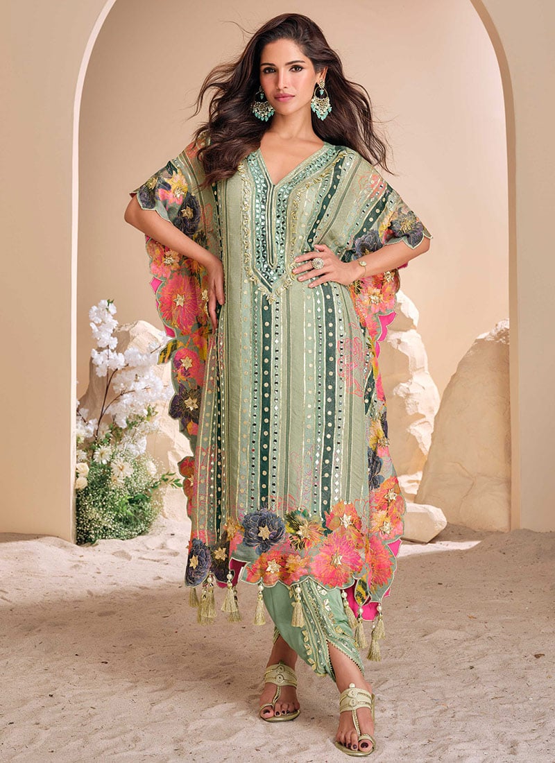 Pista Green Crepe Silk Embroidered And Printed Indowestern Kaftan Dhoti Set Festive Wear