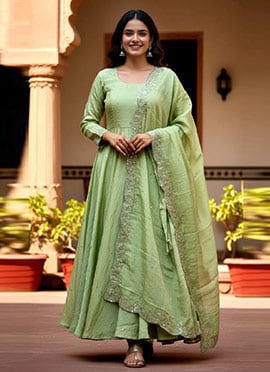 Pista Green Crush Silk Embroidered Anarkali Suit