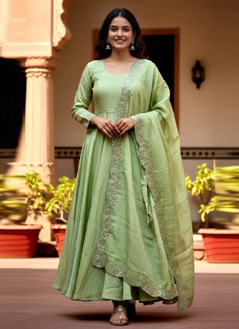 Pista Green Crush Silk Embroidered Anarkali Suit Festive Wear