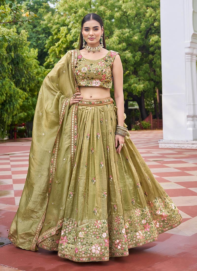 Pista Green Crush Silk Embroidered Sequins Lehenga Wedding Wear