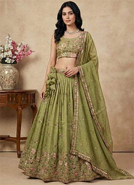 Pista Green Crush Silk Sequins Embroidered Lehenga