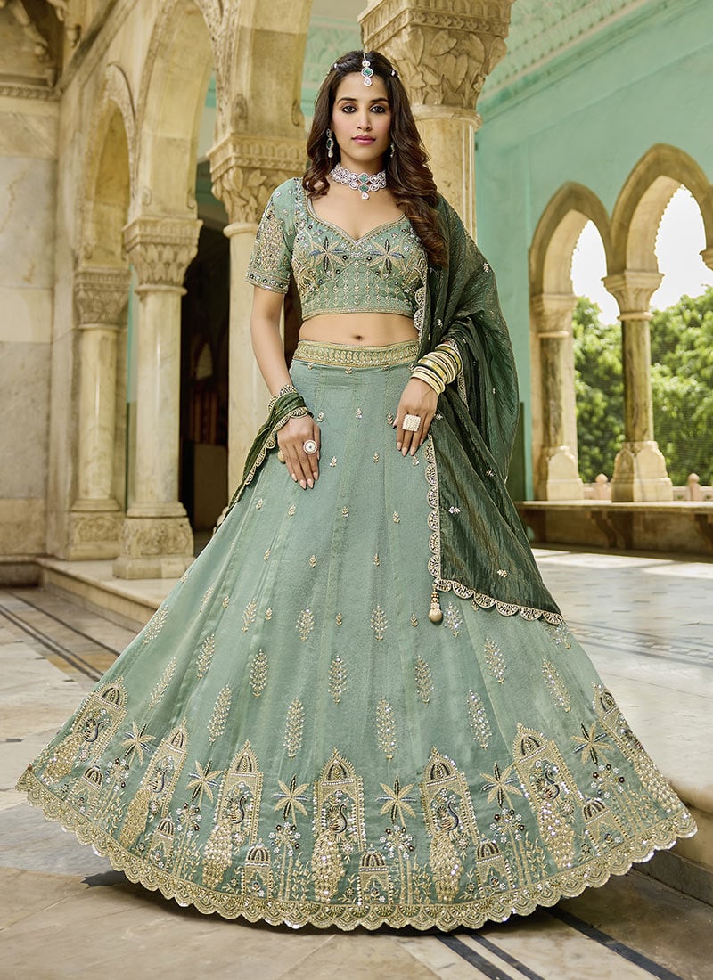 Pista Green Crush Silk Zari Embroidered Sequins With Beads Work Lehenga