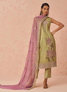 Pista Green Crush Silk Zari Embroidered Sequins With Stone Work Straight Pant Suit