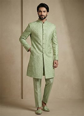 Pista Green Dornier Jacquard Indowestern Sherwani