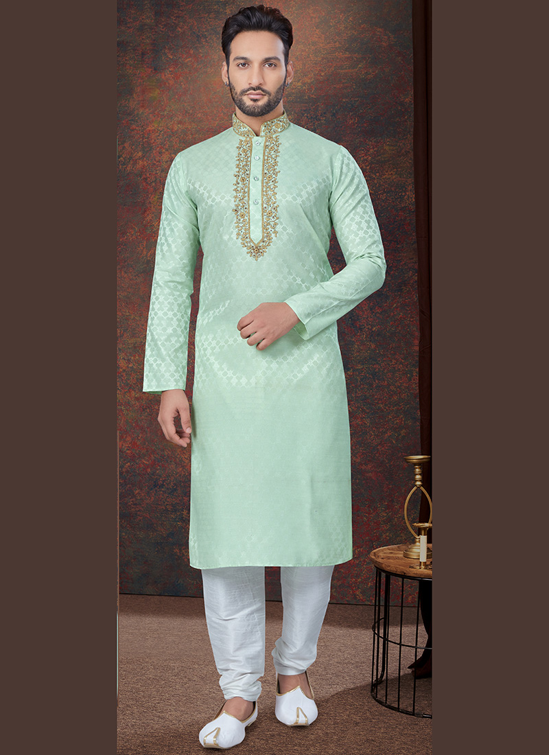 Pista Green Embroidered Jacquard Print Silk Kurta Pyjama For Men Festive Wear