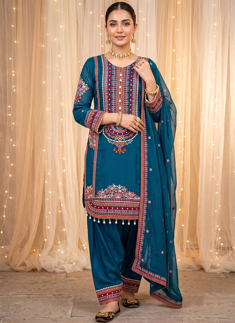 Pista Green Embroidered Mal Chanderi Patiala Salwar Suit Festive Wear