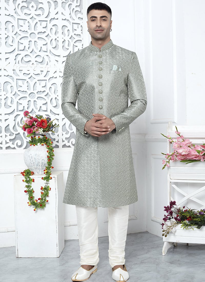 Pista Green Embroidered Silk Classic Sherwani Party Wear