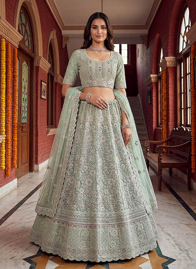Pista Green Fancy Net Zari Embroidered Sequins Lehenga Wedding Wear