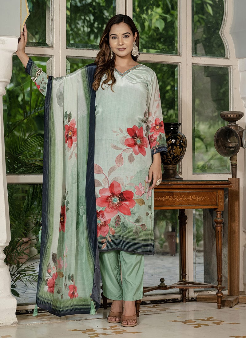 Pista Green Faux Crepe Digital Print Zardosi Sequins And Beads Straight Pant Suit Festive Wear