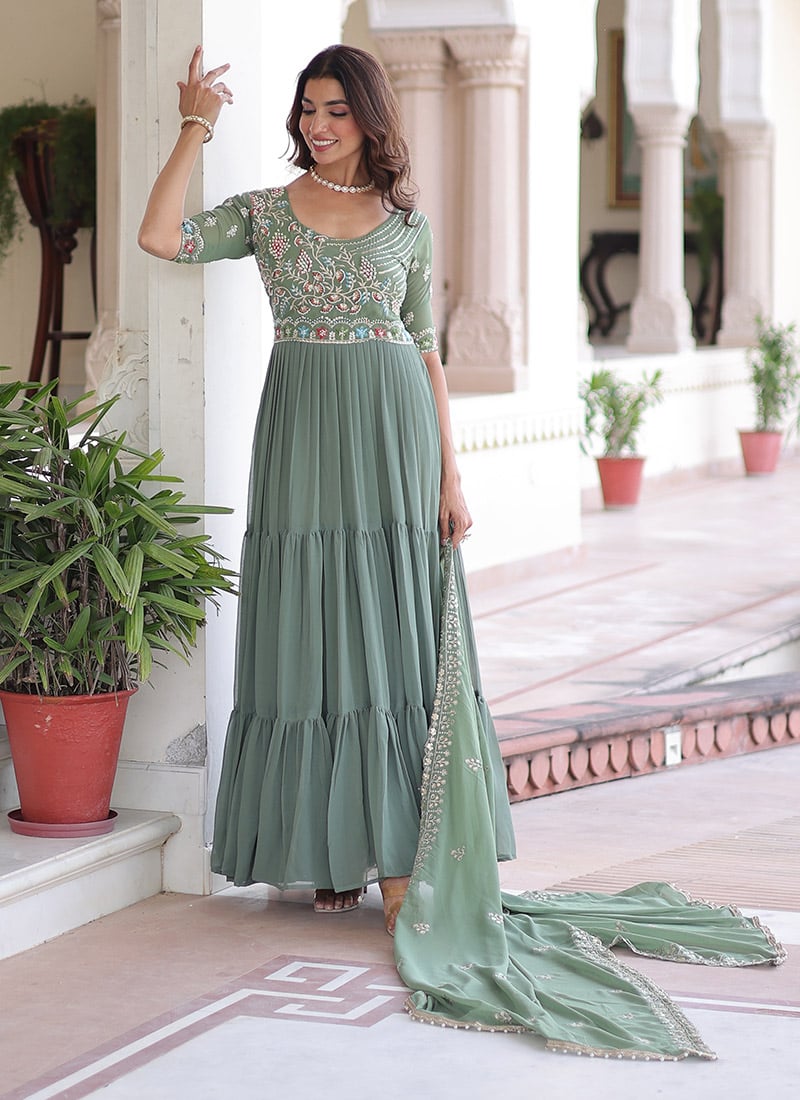 Pista Green Faux Georgette Beads Sequins Embroidered Anarkali Suit Festive Wear