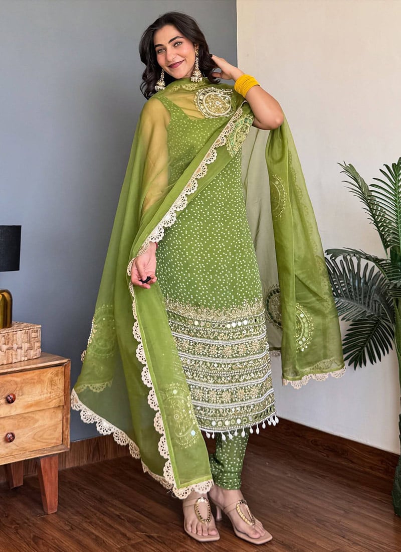 Pista Green Faux Georgette Embroidered Sequins Bandhini Churidar Suit Festive Wear