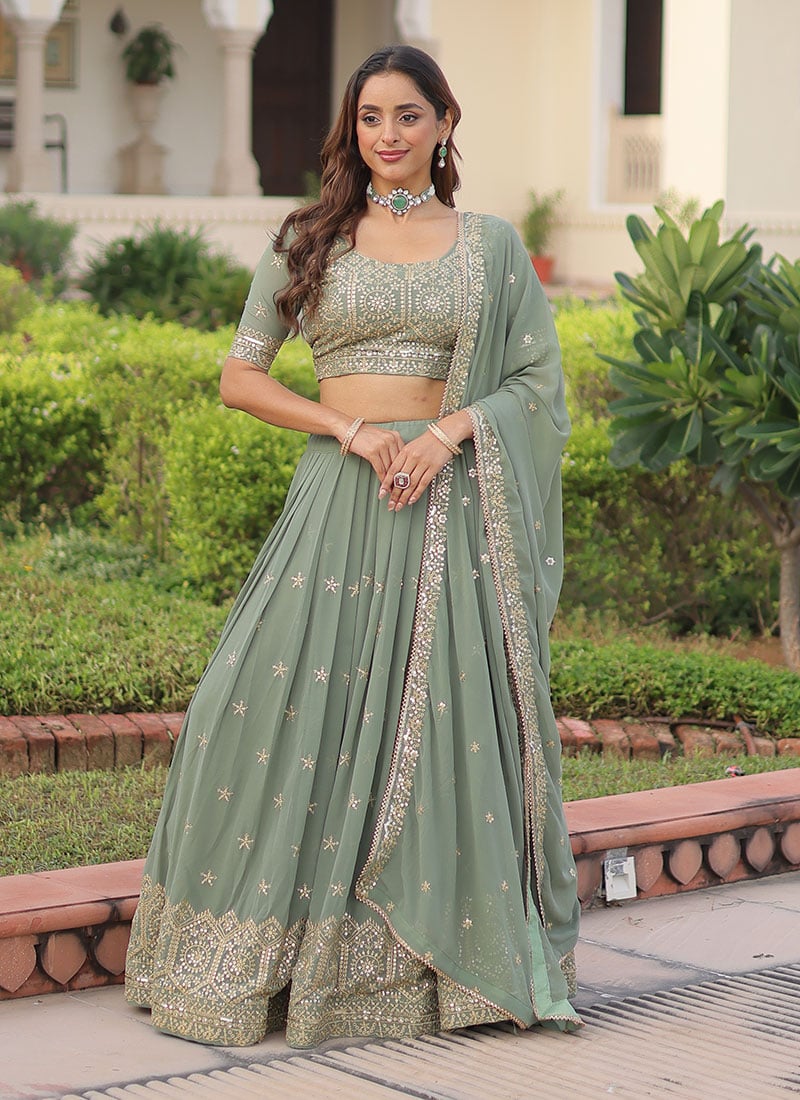 Pista Green Faux Georgette Embroidered Sequins Zari Umbrella Lehenga Wedding Wear