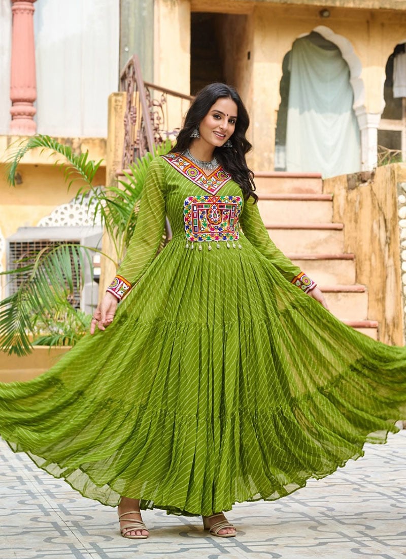 Pista Green Faux Georgette Kutch Work Leheriya Print Anarkali Gown Festive Wear