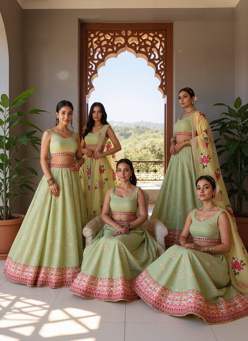 Pista Green Faux Georgette Zari Embroidered Sequins Stunning Lehenga Wedding Wear