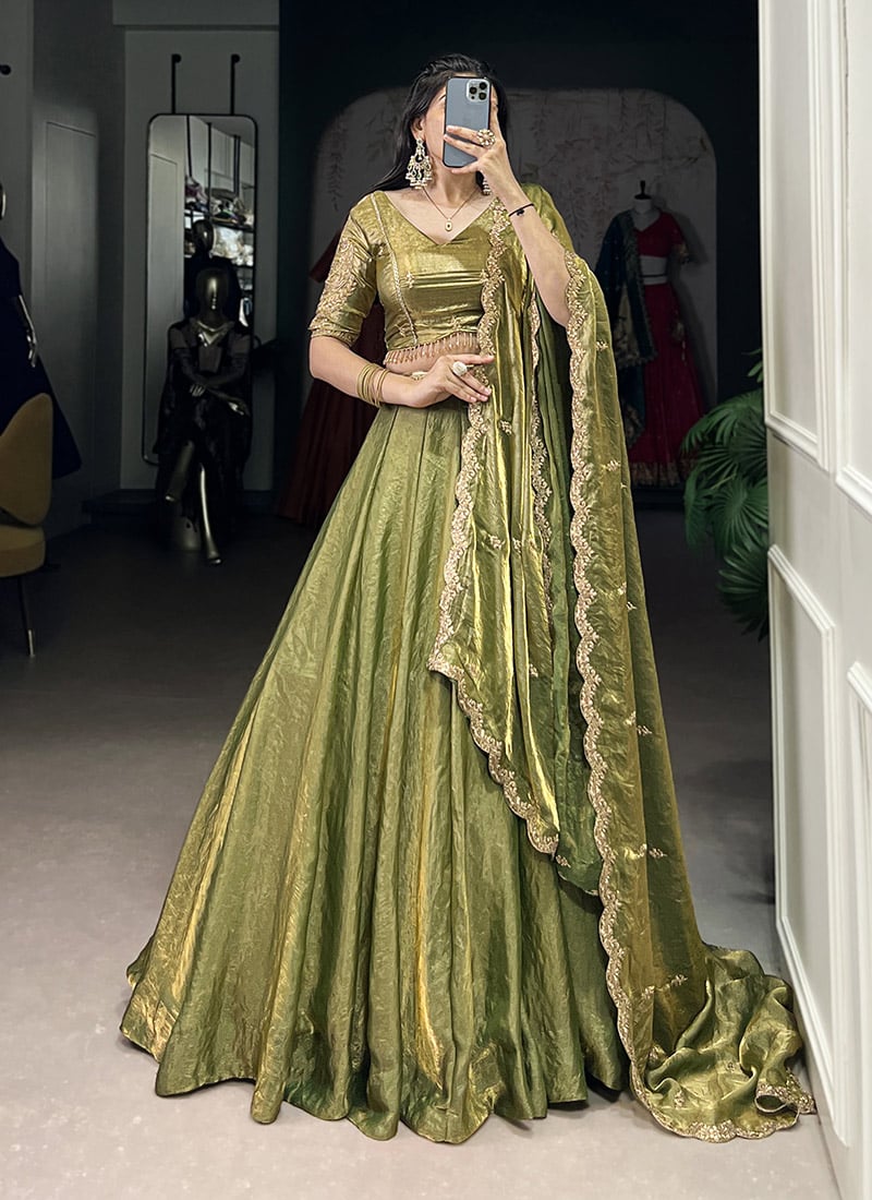 Pista Green Fendy Silk Lehenga With Embroidered Sequins And Zari Work Festive Wear