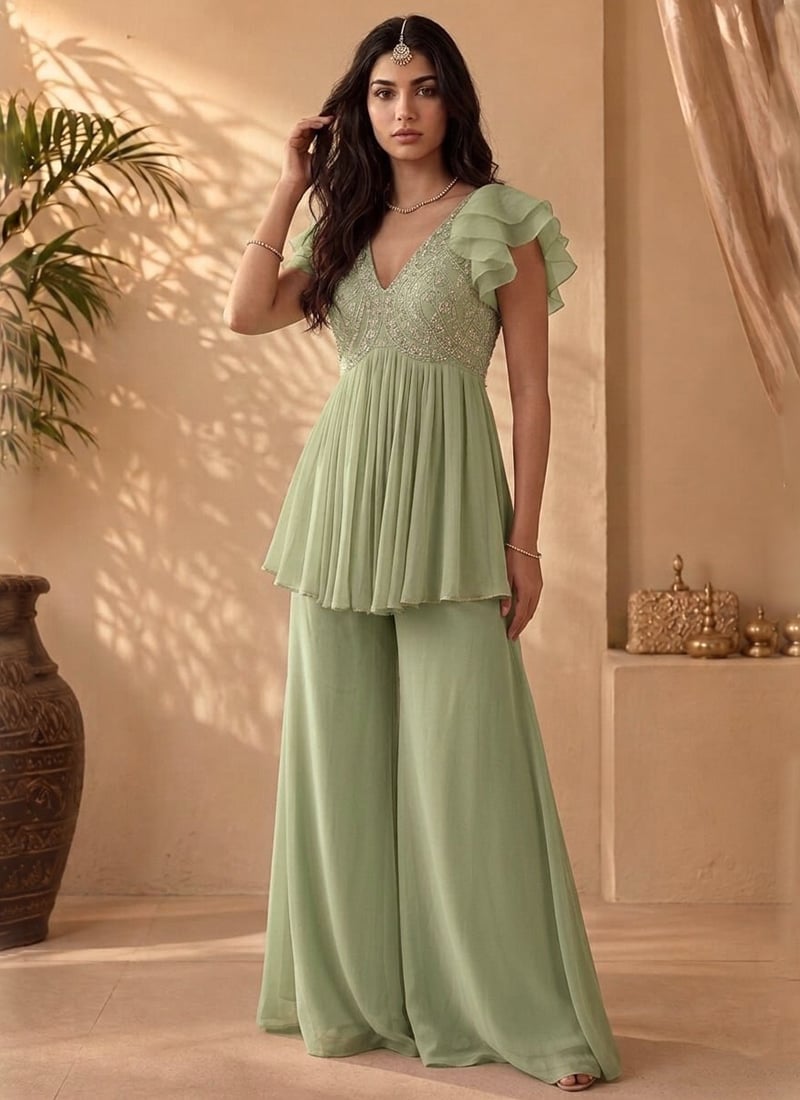 Pista Green Georgette Beads Cutdana Hand Embroidery Peplum Kurta Palazzo Set