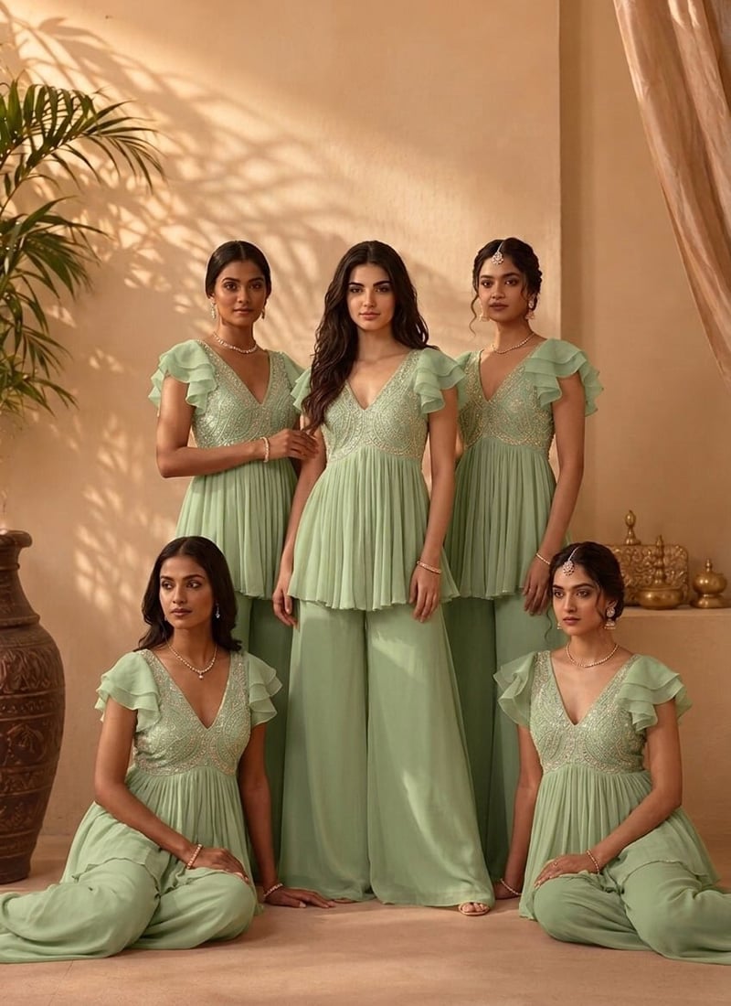 Pista Green Georgette Beads Cutdana Hand Embroidery Peplum Kurta Palazzo Set After Six Wear