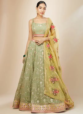 Pista Green Georgette Digital Print Zari Embroidered Sequins Lehenga