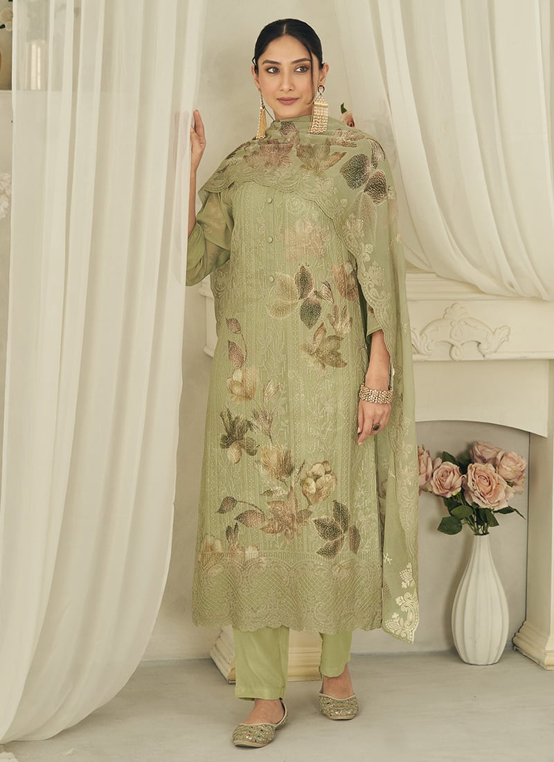 Pista Green Georgette Digital Printed With Lucknowi Embroidered Straight Pant Suit Festive Wear