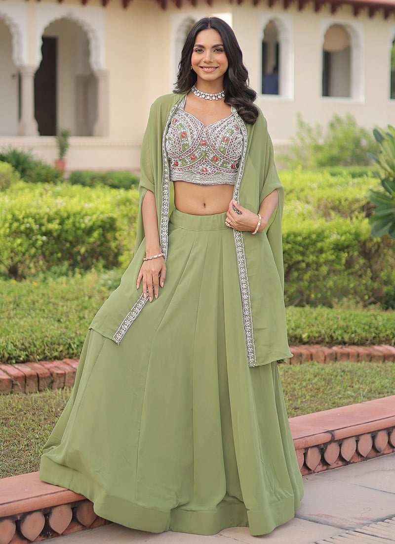 Pista Green Georgette Embellished Indowestern Jacket Skirt Set Wedding Wear