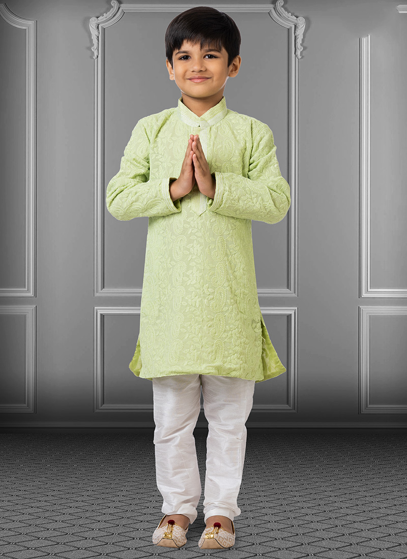 Pista Green Georgette Embroidered Boys Kurta Pyjama Party Wear