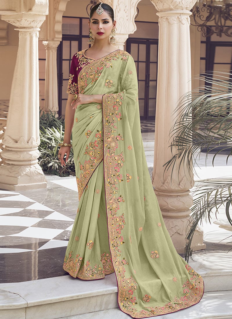 Pista Green Georgette Embroidered Sequins And Stones Saree