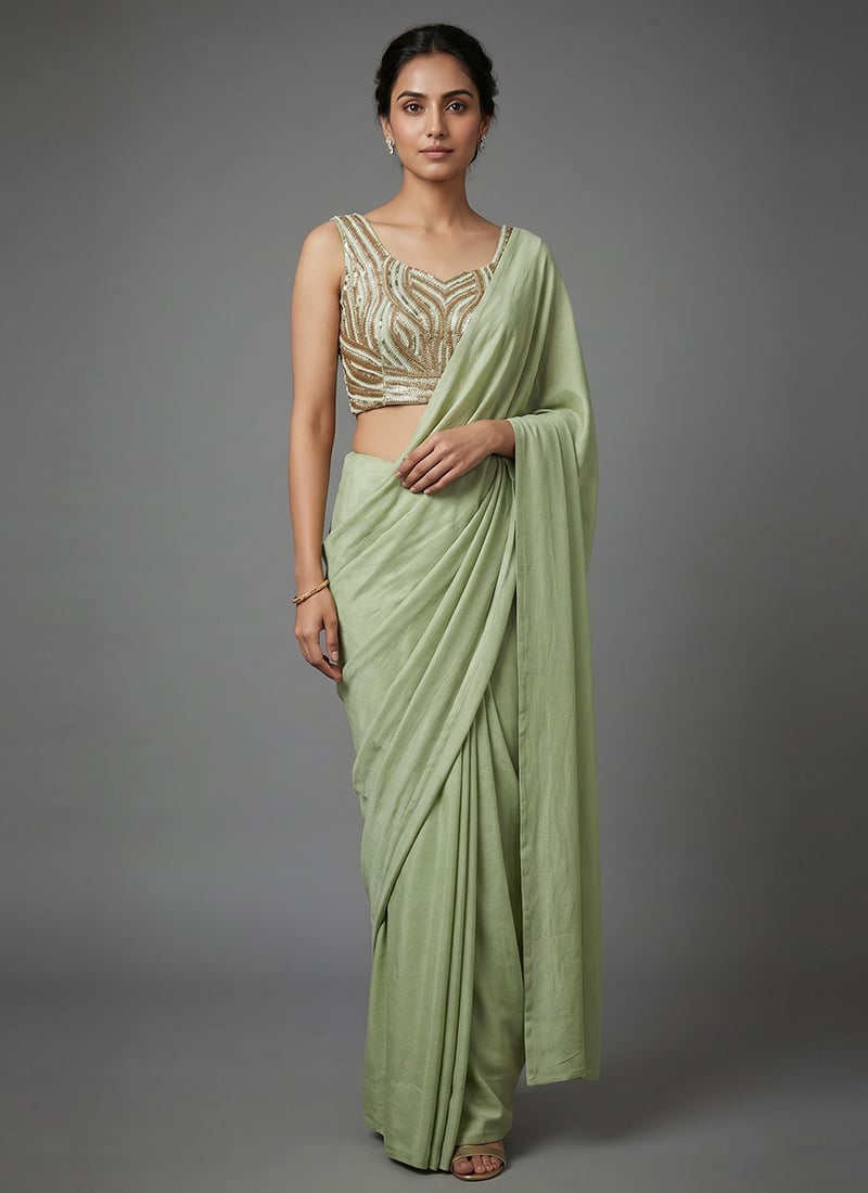 Pista Green Georgette Embroidered Sequins Beads Saree Party Wear