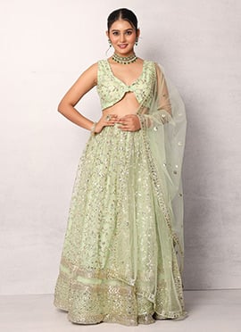 Pista Green Georgette Embroidered Sequins Classic Lehenga