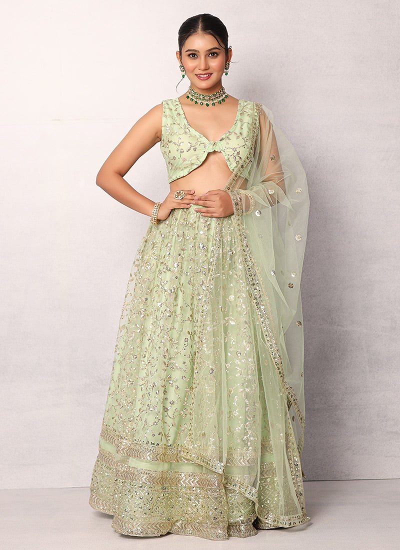 Pista Green Georgette Embroidered Sequins Classic Lehenga Wedding Wear