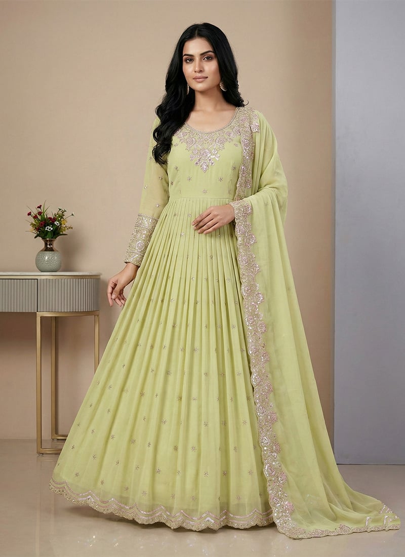 Pista Green Georgette Embroidered Sequins Moti Anarkali Suit Festive Wear