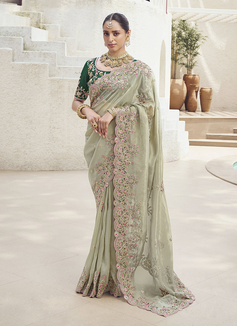 Pista Green Georgette Embroidered Sequins Saree