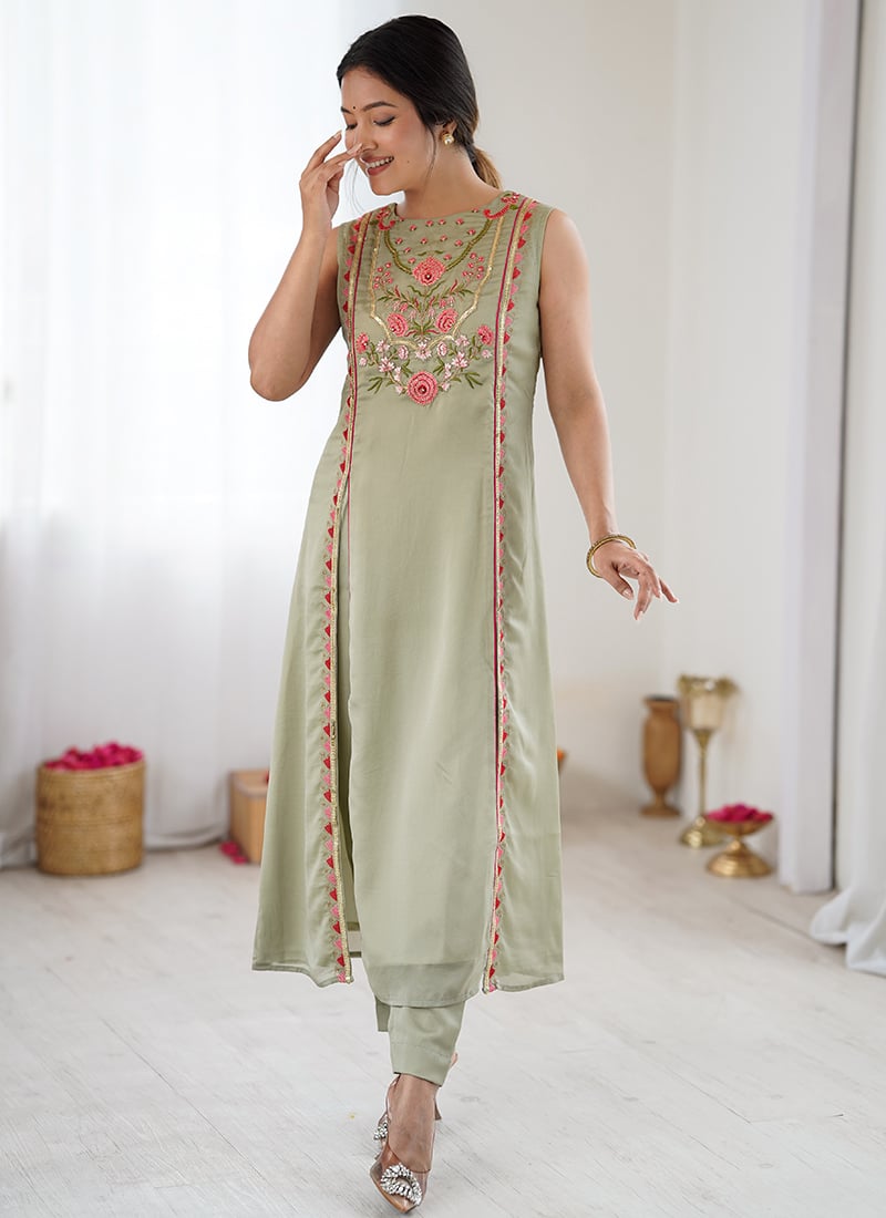 Pista Green Georgette Hand Embroidered Kurta Set After Six Wear