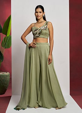 Pista Green Georgette Hand Embroidered Sequins Beads Indowestern Palazzo Set
